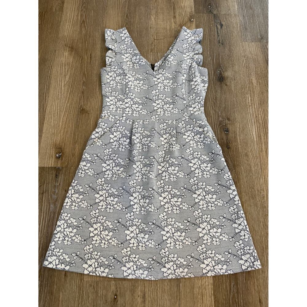 Tabitha Anthropologie Dress Women 4 White Black Floral Ruffle Fit Flare